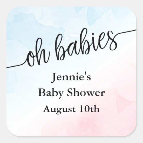 Oh Babies Script PinkBlue Baby Shower Favor Squar Square Sticker