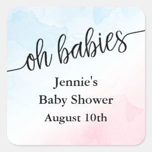 Oh Babies Script Pink/Blue Baby Shower Favor Squar Square Sticker