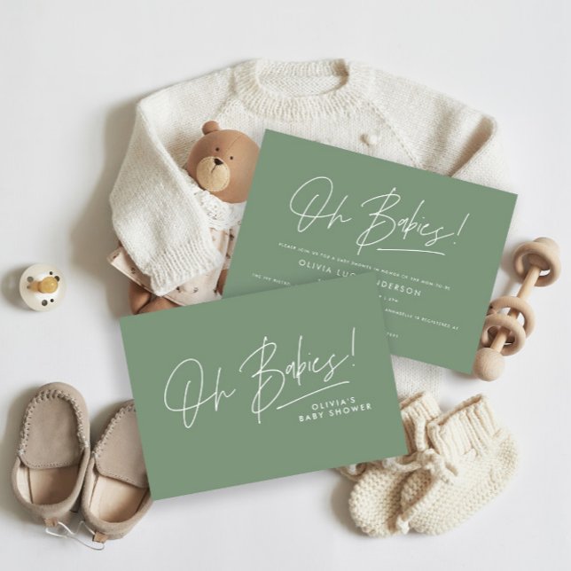 Oh Babies shower script modern sage green Invitation (Creator Uploaded)