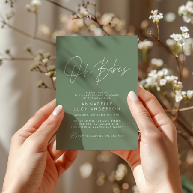 Oh Babies shower script modern sage green Invitation (Creator Uploaded)