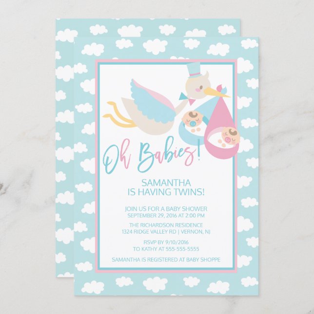 Oh Babies! Stork twin Baby Shower Invitation (Front/Back)