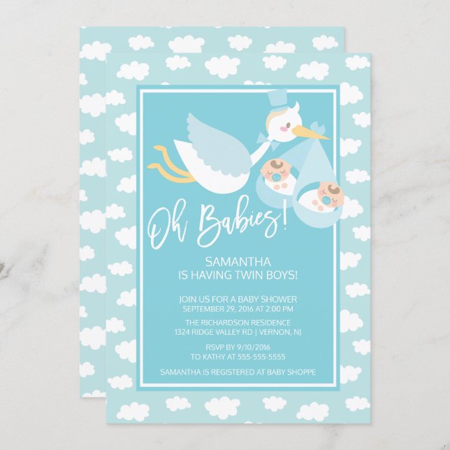Oh Babies! Stork twin boys Baby Shower Invitation (Front/Back)