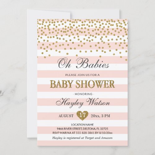 Oh Babies Twin Girls Blush Pink Gold Baby Shower Invitation
