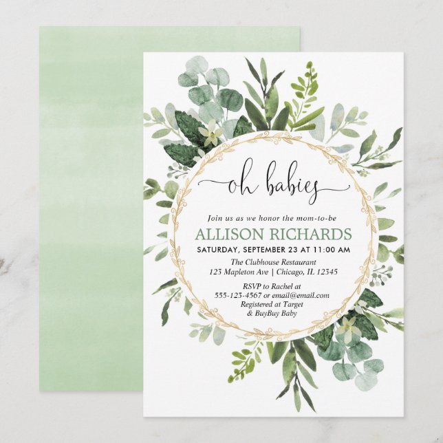 Oh babies twins gender neutral greenery eucalyptus invitation (Front/Back)