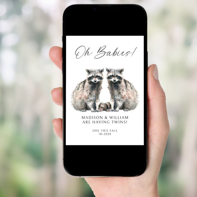 Oh Babies Twins On The Way Cute Twin Raccoons Invitation (Front Digital)