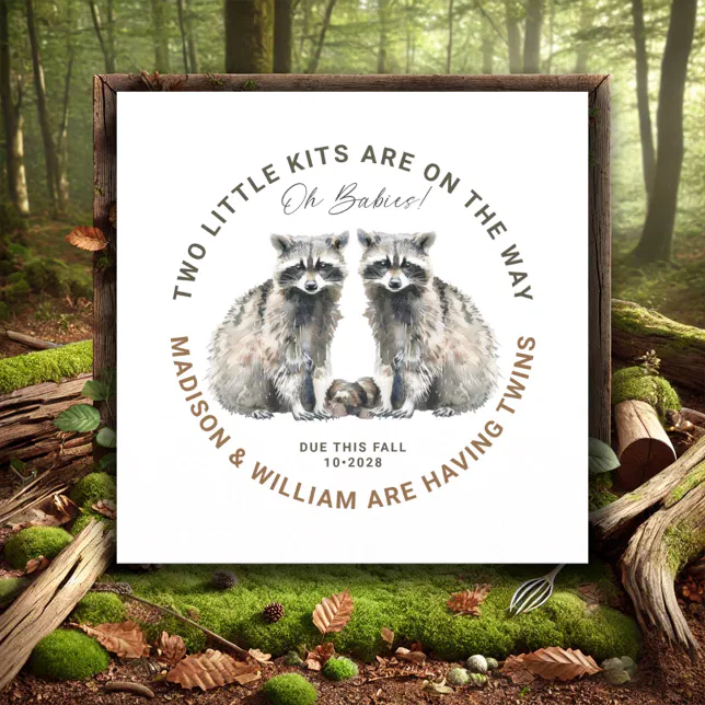 Twin Raccoons Oh Babies Twins On The Way Cute Twin Raccoons Invitation | Zazzle