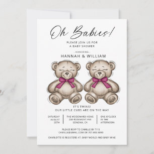Oh Babies Twins Watercolor Bears Baby Shower Invitation