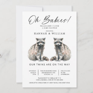 Oh Babies Twins Watercolor Raccoons Baby Shower Invitation