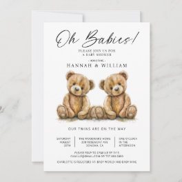 Oh Babies Twins Watercolor Teddy Bears Baby Shower Invitation