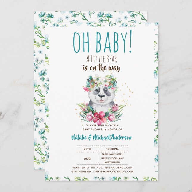 Oh Baby A Little Bear Is On The Way Panda Shower Invitation (Front/Back)
