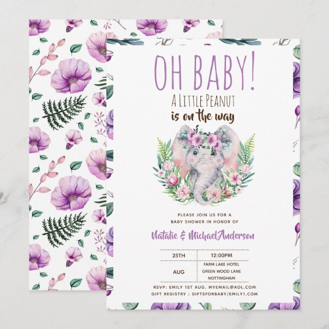 Oh Baby A Little Peanut Boho Elephant Baby Shower Invitation (Front/Back)