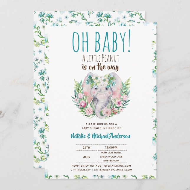 Oh Baby A Little Peanut Boho Elephant Baby Shower Invitation (Front/Back)