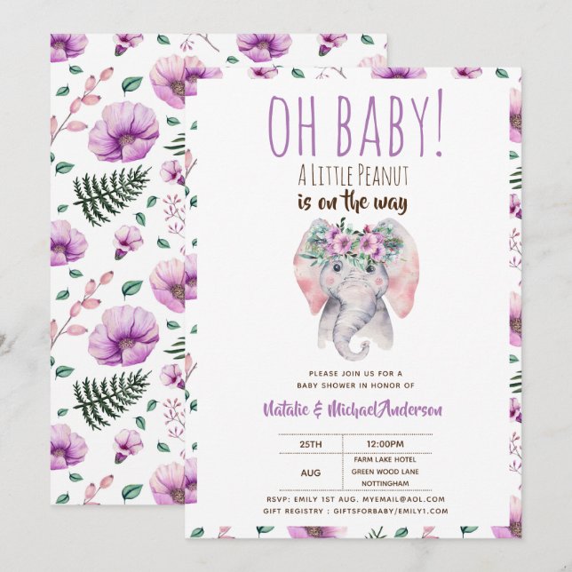 Oh Baby A Little Peanut Elephant Baby Shower Boho Invitation (Front/Back)