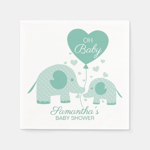 Oh Baby Adorable Mint Green Elephant Baby Shower Napkins