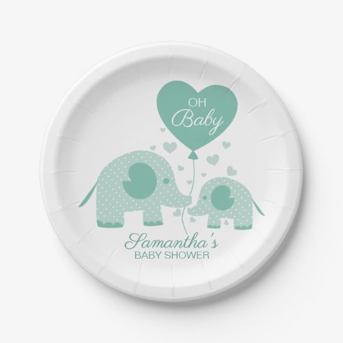 Oh Baby Adorable Mint Green Elephant Baby Shower Paper Plates