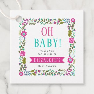 Oh Baby! Aqua, pink floral baby shower Thank You Favor Tags