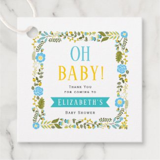 Oh Baby! Aqua, yellow floral baby shower Thank You Favor Tags