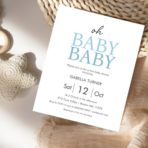 Oh Baby Baby  Blue Twin Shower Invitation