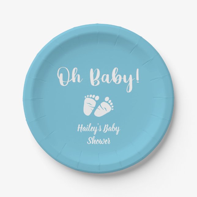 Oh Baby | Baby Feet Blue Baby Boy Shower Paper Plates (Front)