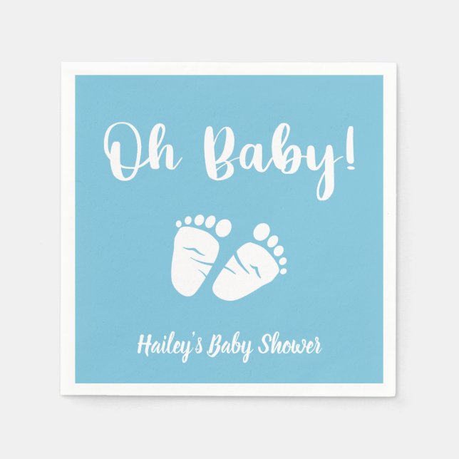 Oh Baby Baby Feet | Boy Blue White Baby Shower Napkins (Front)