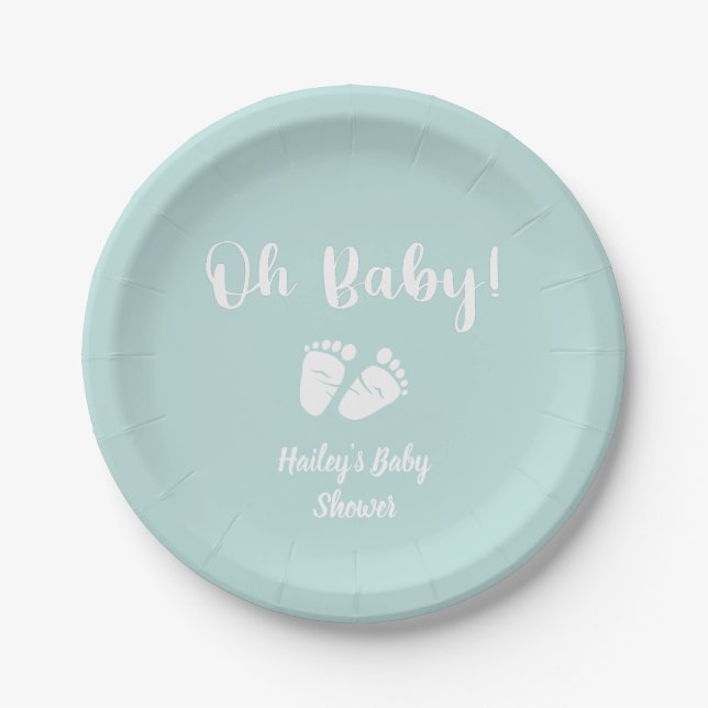 Oh Baby | Baby Feet Mint Green Baby Shower Paper Plates (Front)
