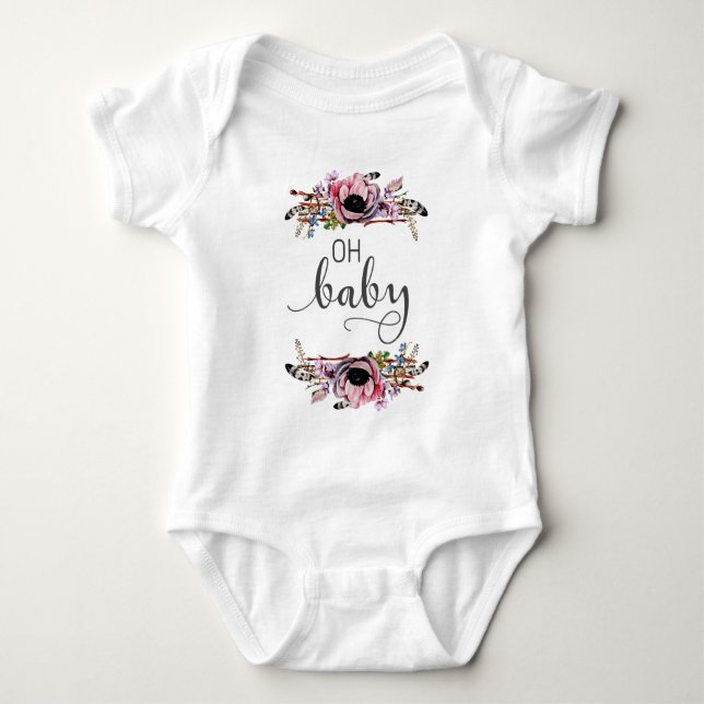 Oh Baby | Baby Girl Boho Floral Feather Frame Tutu Bodysuit (Front)