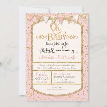 Oh Baby Baby Girl Shower Typography Gold Glitter Invitation by PatternsModerne at Zazzle
