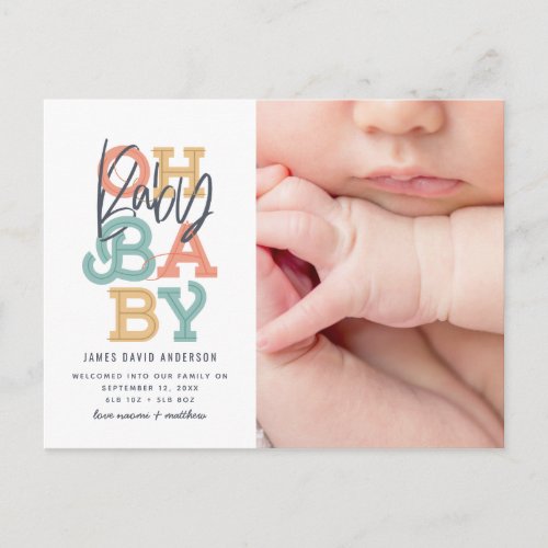 Oh baby baby modern photo birth announcement postcard
