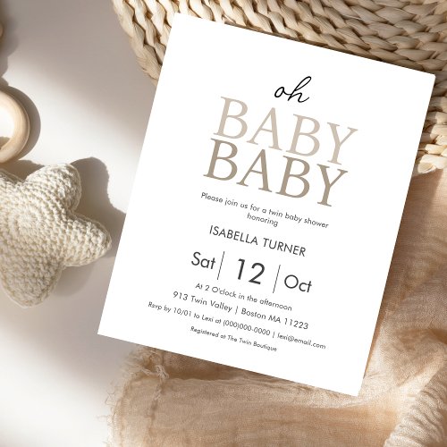 Oh Baby Baby  Neutral Twin Shower Invitation