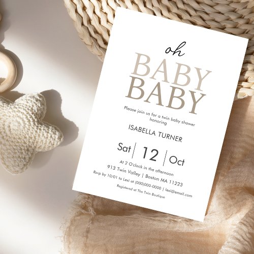 Oh Baby Baby  Neutral Twin Shower Invitation