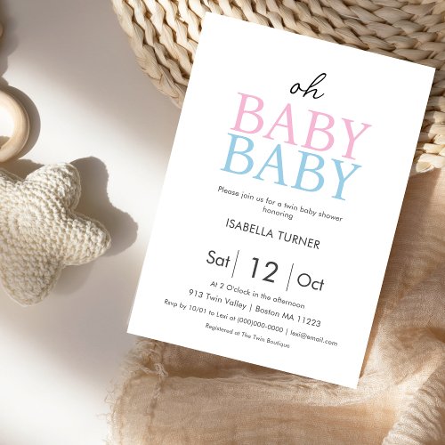 Oh Baby Baby  Pink  Blue Twin Shower Invitation
