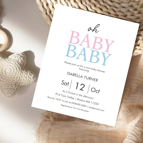 Oh Baby Baby  Pink  Blue Twin Shower Invitation