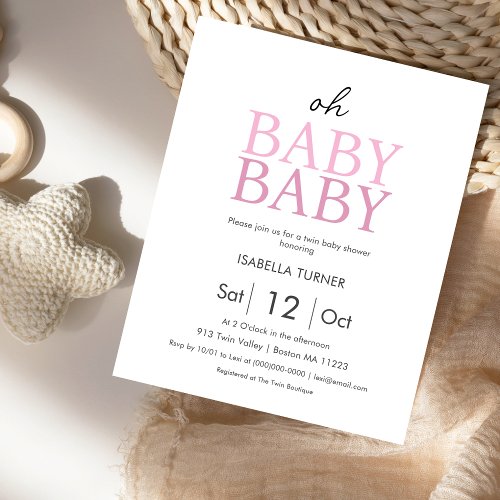 Oh Baby Baby  Pink Twin Shower Invitation