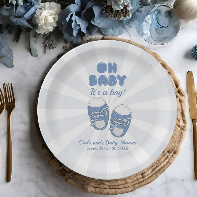 Oh Baby | Baby Shoes Dusty Blue Boy Baby Shower  Paper Plates (Creator Uploaded)