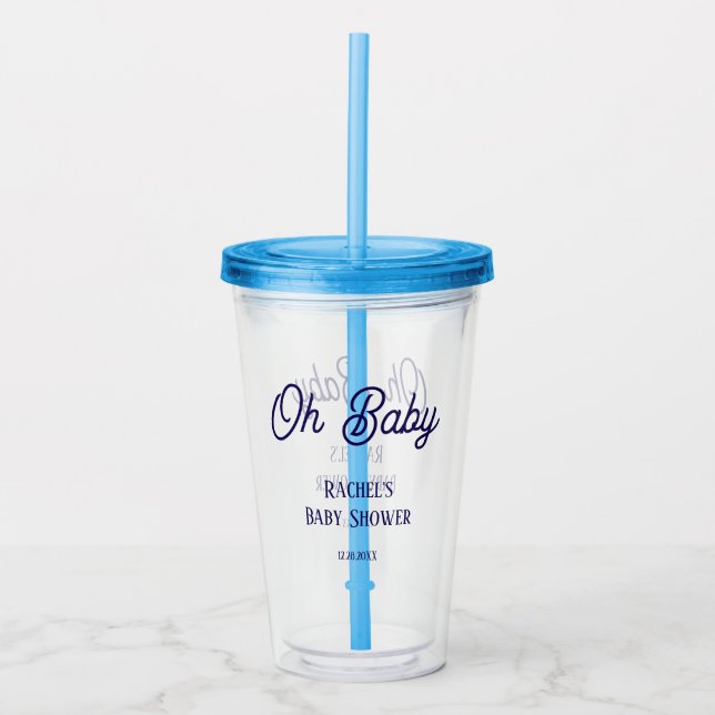 Oh Baby Baby Shower Navy Blue Script Gift Favor Acrylic Tumbler (Front)