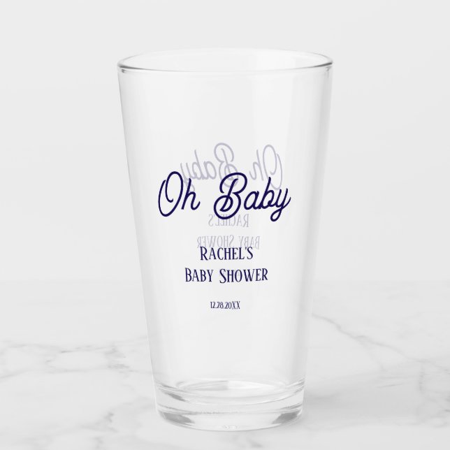 Oh Baby Baby Shower Navy Blue Script Gift Favor Glass (Front)