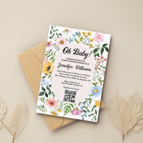 oh babybaby shower qr code floral wildflowers  invitation