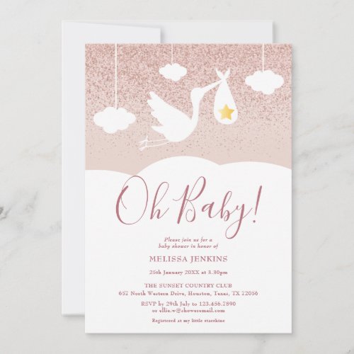 Oh Baby Baby Shower Stork Rose Gold Glitter Invitation