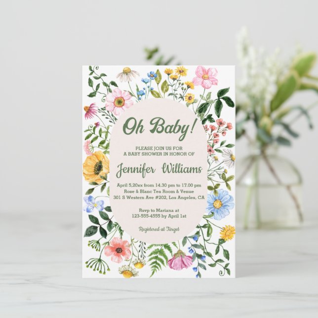 oh baby,baby shower watercolor wildflowers green invitation (Standing Front)