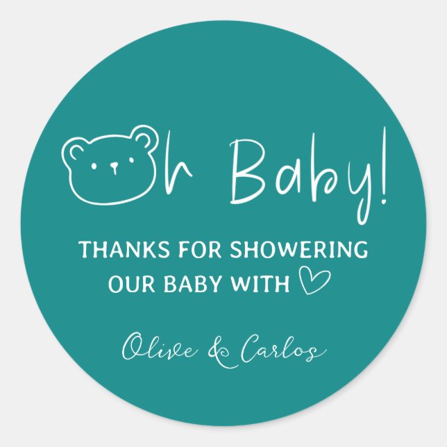 Oh Baby Bear and Heart Thank You Baby Shower Classic Round Sticker (Front)