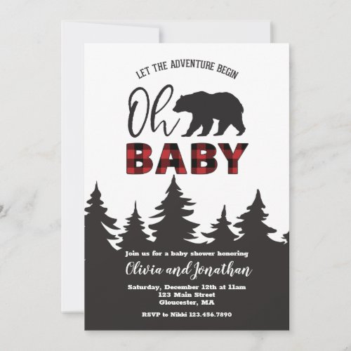Oh Baby Bear Red Buffalo Plaid Baby Shower Invitation