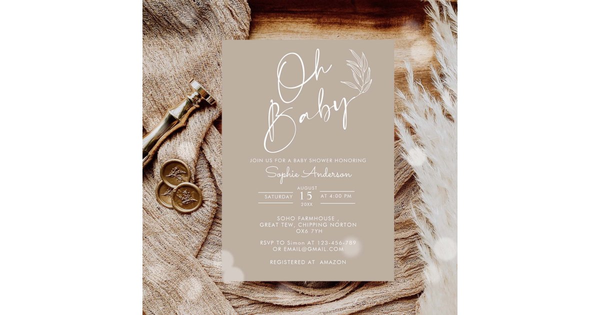 Oh Baby Beige Gender Neutral Modern Baby Shower Invitation