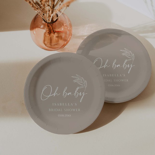 Oh Baby Beige Gender Neutral  Modern Baby Shower Paper Plates (Creator Uploaded)