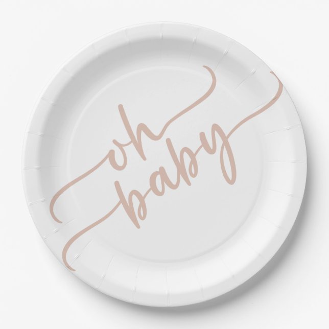 "Oh Baby" Beige Script Baby Shower Paper Plates (Front)