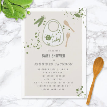 Oh Baby Bib Peas Fork Spoon Unisex Baby Shower Invitation by JillsPaperie at Zazzle