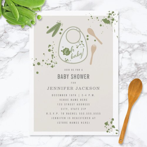 Oh Baby Bib Peas Fork Spoon Unisex Baby Shower Invitation