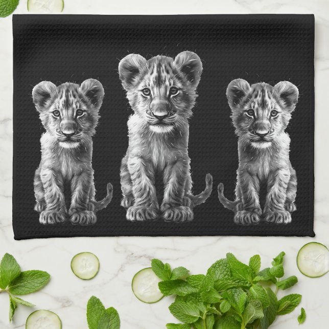 Oh Baby Big Cat Gray Cub Black Kitchen Towel (Folded)