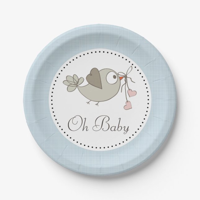 Oh Baby Bird Blue Baby Shower Paper Plates (Front)