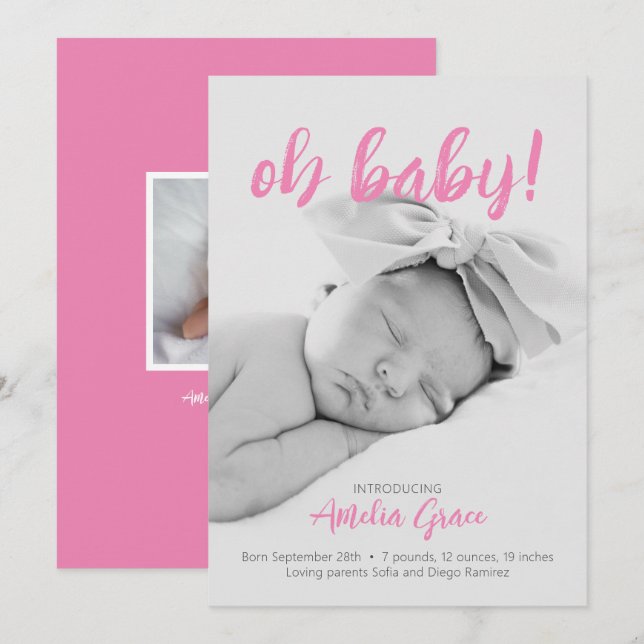 Oh Baby! Birth Announcement in Pink (Front/Back)