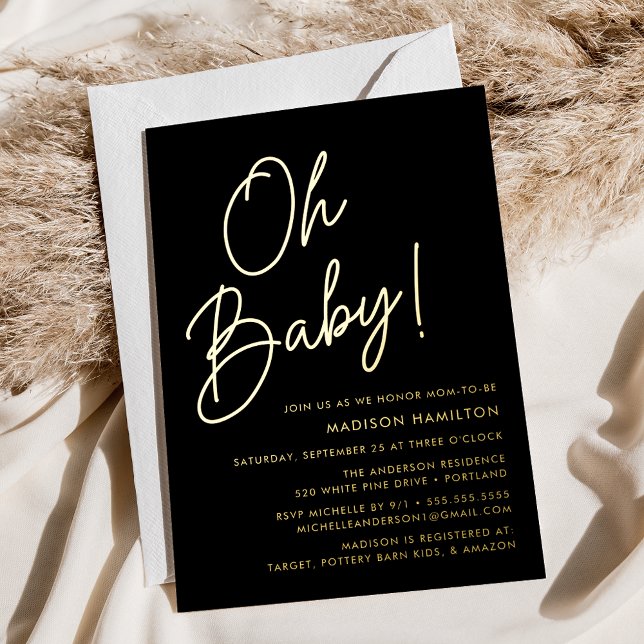Oh Baby Black and Gold Script Baby Shower Foil Invitation (Creator Uploaded)